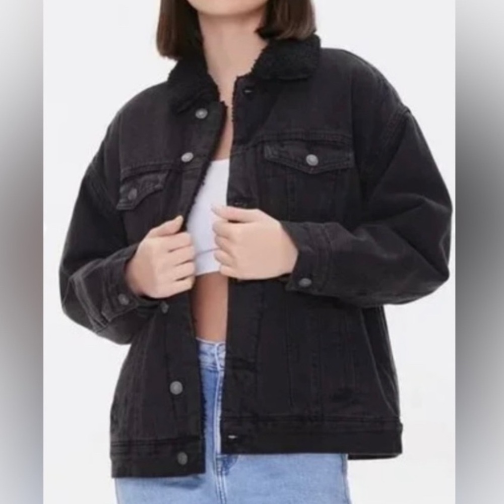 Forever 21 Black Sherpa Jean Jacket